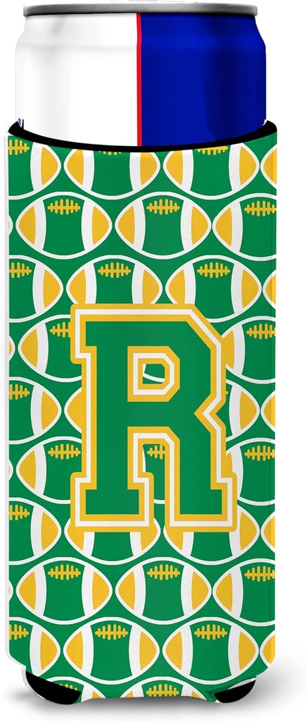 Letter R Football Green and Gold Ultra Beverage Insulators for slim cans