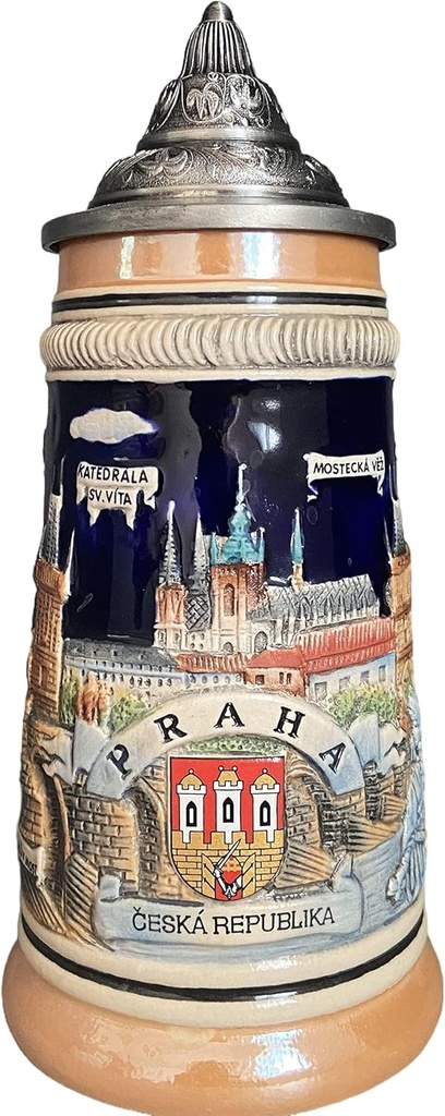 German Beer Stein Mug Prague Castle Emblem Oktoberfest Steins With Lid Easter Gifts For Men, Dad, Best Friend, Beer Enthusiast, Authentic Hand Engraved Collectible Souvenirs 0.5 Liter(DH)