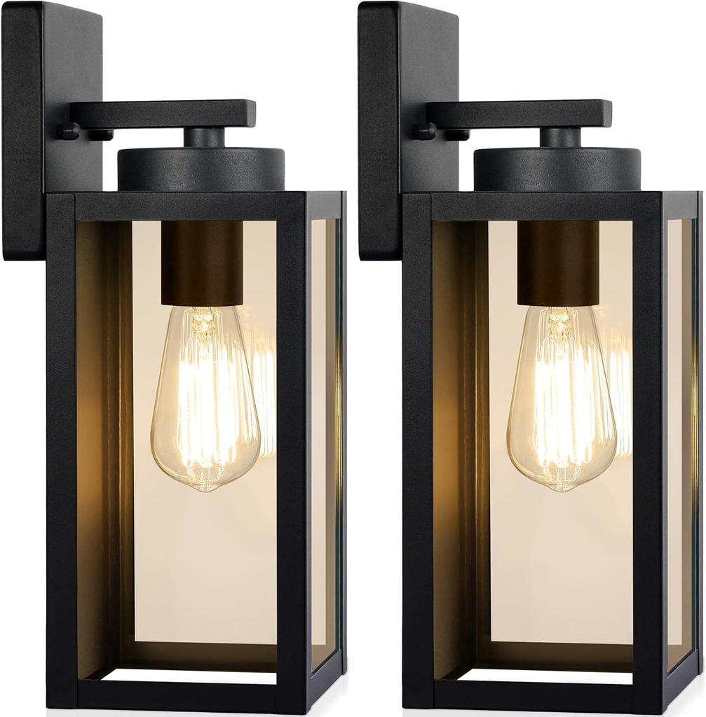 Outdoor Wall Light Fixtures, Exterior Waterproof Wall Lanterns, Porch Sconces Lighting with E26 Sockets & Glass Shades, Modern Matte Black Outside Lights for Patio Front Door Entryway Garage, 2-Pack