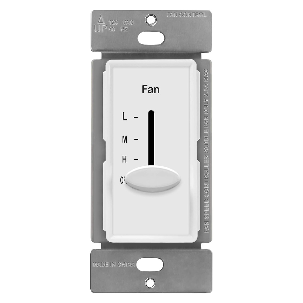 ENERLITES 3 Speed In Wall Ceiling Fan Control, Slide switch, 120VAC, 2.5A, Single-Pole, No Neutral Wire Required, 17000-F3-W-F, White