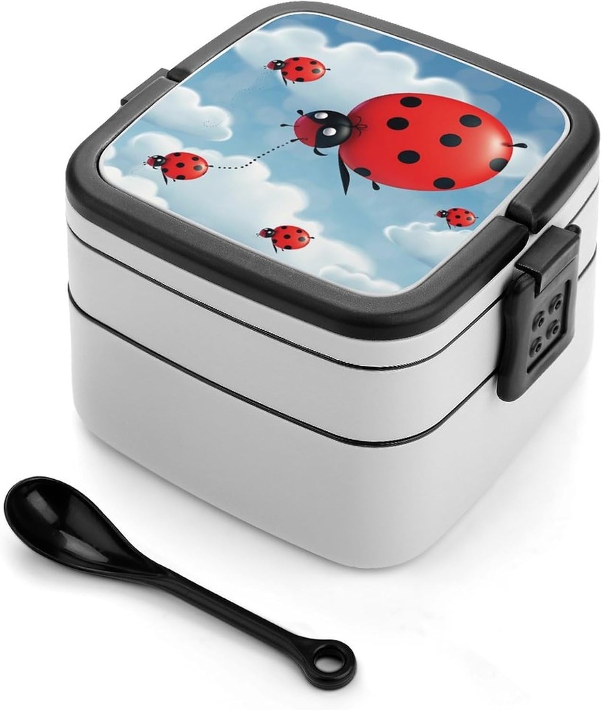 Ladybug And Cloud Bento Box Double-Layer Bento Lunch Container with Spoon And Invisible Handle Adult Leak-Proof Lunchbox for Dining Out Work Picnics Travel
