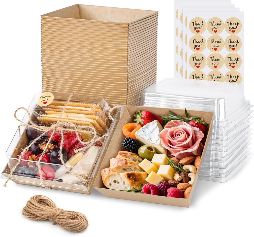 50 Pack Charcuterie Boxes with Clear Lids 5.3x4.9x2.5 Inch Paper Mini Charcuterie Box Takeout Containers for Cookie Cake Slice Sandwich Strawberries(Brown)