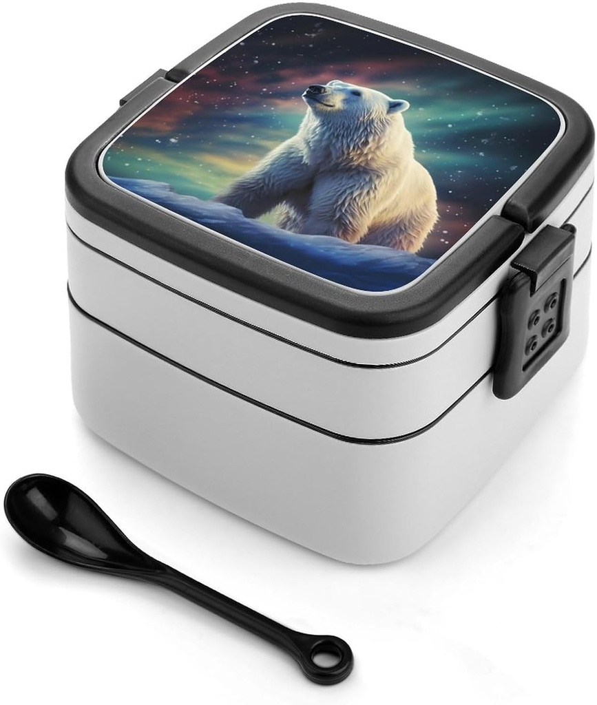 Bento Box for Adult Northern Lights Polar Bear Bento Lunch Box with 2 Compartments Stackable Lunch Container Reusable Food Storage Container Meal Prep Snack Containers