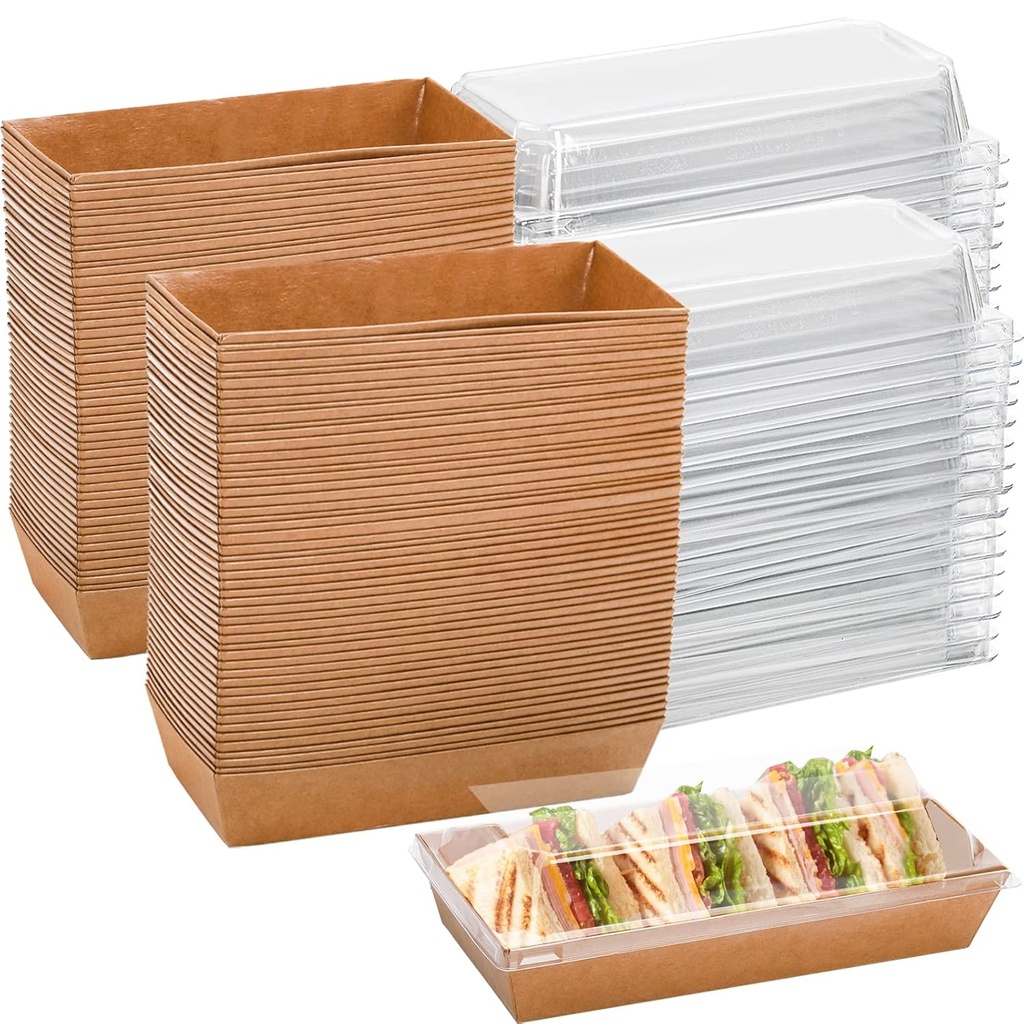 Dicunoy 100 Pack Disposable Sandwich Containers with Clear Lids, Paper Sushi To Go Containers, Rectangle Swiss Roll Cake Boxes for Craft Dessert, Waffle, Cookie, Breads, Pastry, Food Truck Business