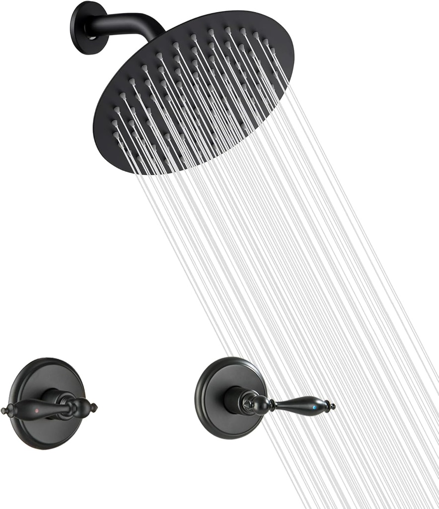 LIWEIKE 2 Handle Shower Faucet Set, Matte Black Two Handles Shower Faucet with 8 Inch Rain Shower Head Shower Faucet Set 2 Knobs, Wall Mounted