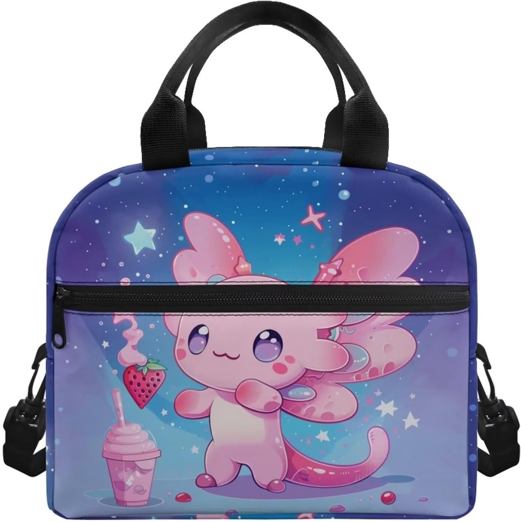 Axolotl Lunch Box for Girls Reusable Insulated Lunch Bag Thermal Cooler Tote Bag for Kids Cute Lunch Container School Lunch Boxes Strawberry Snack Box for Party Picnic Beach