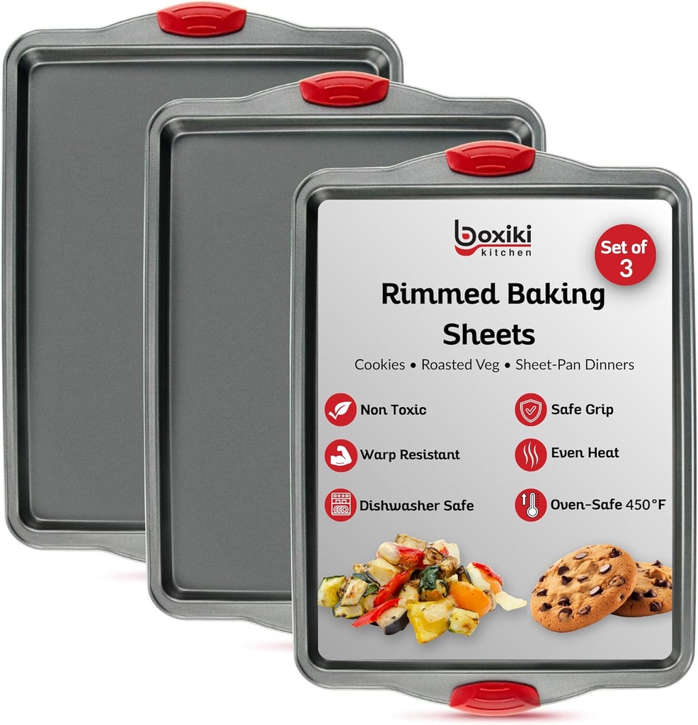 Premium Nonstick Baking Sheet Pans – Set of 3, Heavy-Gauge Carbon Steel, Warp, Dent, and Rust-Resistant – Gourmet Rimmed Half Cookie Sheet Trays, Non-Toxic for Exceptional Baking Performance