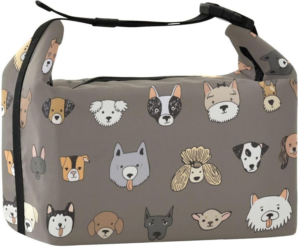 Funny Cartoon Dog Faces Print Insulated Lunch Bag for Kids Adults Reusable Lightweight Lunch Box Tote with Detachable Strap, Leakproof Compact for School Office Picnic