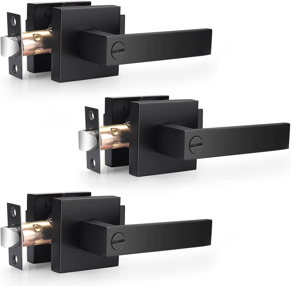 Probrico 3 Pack| Matte Black Square Privacy Door Levers Heady Duty Interior Door Handles, Keyless Locks Reversible Handlesets for Bed/Bath