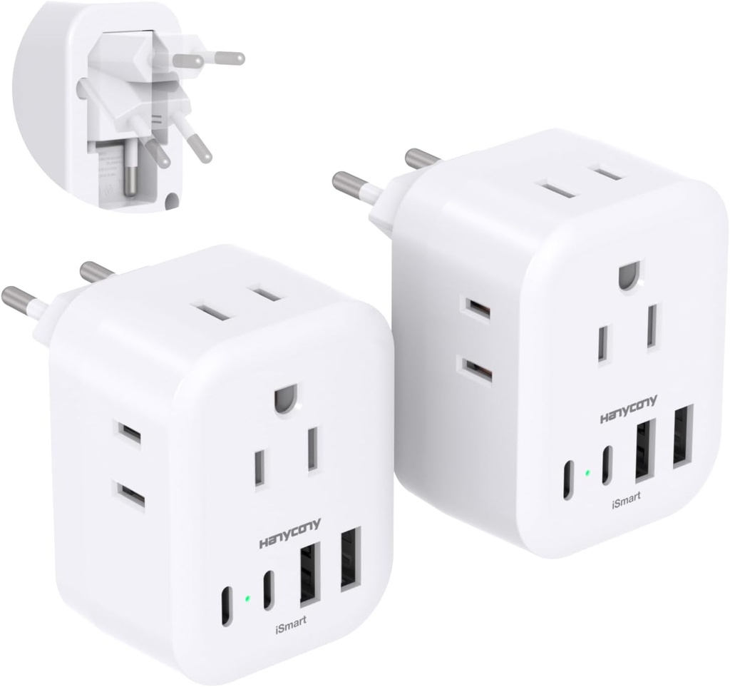 2 Pack European Travel Plug Adapter, HANYCONY International Power Adapter 4 Outlets 4 USB C Ports (2 USB C), Foldable Type C Adapter for US to Most Europe EU Italy Spain Greece Portugal France Germany