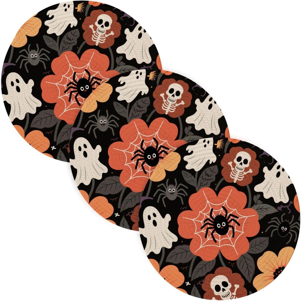 Happy Halloween Skull Flowers 3 Pcs Trivet Mats for Crock Pot 15in Heat Resistant Table Mats Kitchen Decor Halloween Decorations