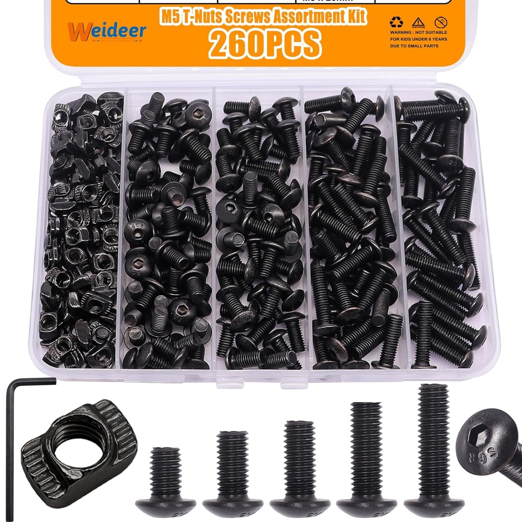 weideer 260PCS M5 T-Nuts Screws Assortment Kit,Compatible with Rail Mount,Replacement for M-Lok Nut Screw,M5 Nut and Bolt Assortment Sets for 2020 Series Standard Aluminum Profile