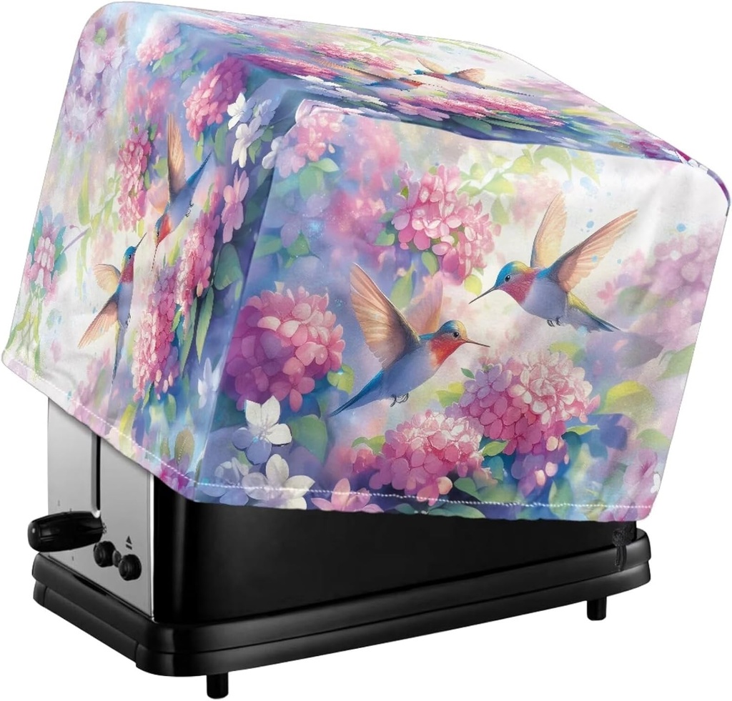 Hummingbird Printed Toaster Cover 4 Slice Hydrangea Printed Bread Maker Protection Stain Resistant Bread Machine Covers Dustproof Toaster Oven Protector Kitchen Aid, Blue and Pink