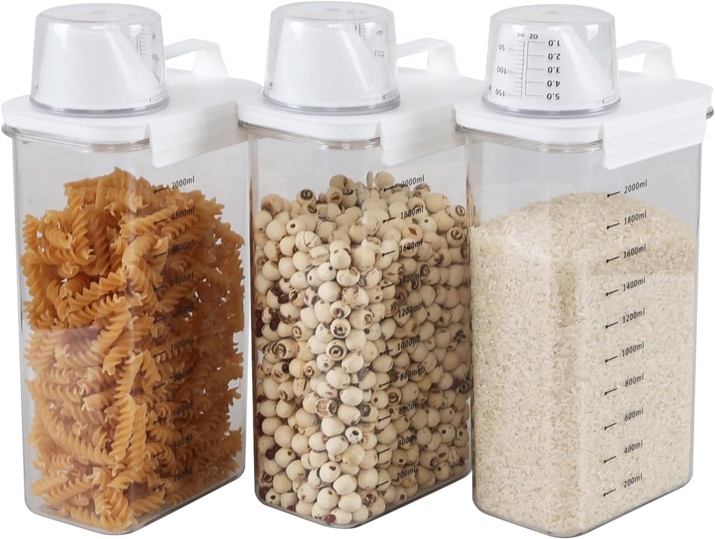 3PCS Clear Airtight Dry Food Storage Containers, Rice Cereal Storage Bin Dispenser with Measuring Cup Lid, Cereal Containers Storage Set for Rice Nuts Beans Pet Food Snacks Candies