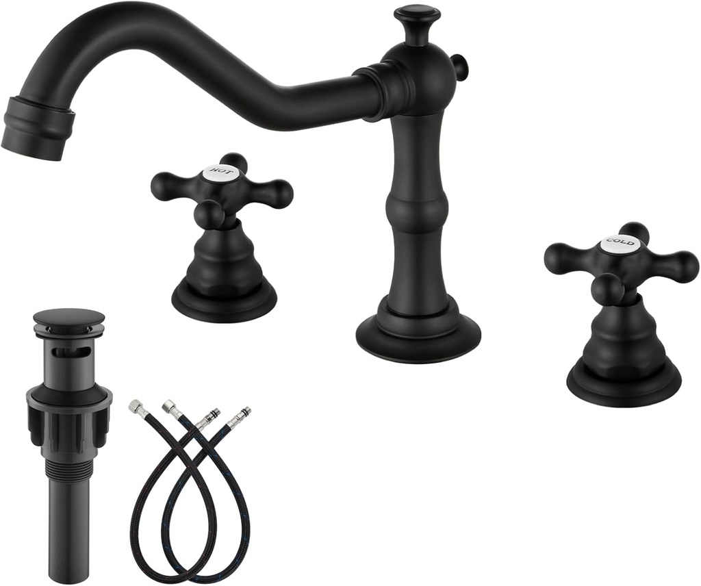 gotonovo Bathroom Faucet 3 Hole 8 Inch Widespread Bathroom Sink Faucet 2 Cross Handles Vintage Lavatory Vanity Mixer Tap with Pop Up Drain, HOT Cold Label, Matte Black