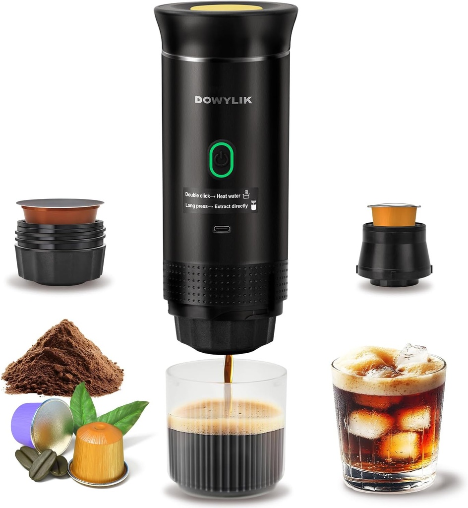 Portable Coffee Maker, 3-in-1 Portable Espresso Maker, Self-Heating Travel Coffee Maker Compatible with NS, DG Pods & Ground Coffee, 20 Bar Mini Espresso Machine for Camping, Hiking
