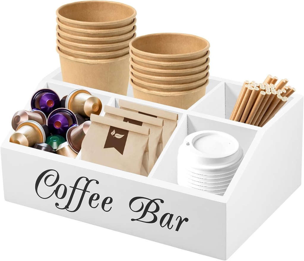 Coffee Station Organizer, Wood Office Coffee Bar Accessories and Organizer with 5 Compartments, Large Capacity Coffee Pods Holder, Coffee Storage Station for Syrup, Cups & Stirrer (White)