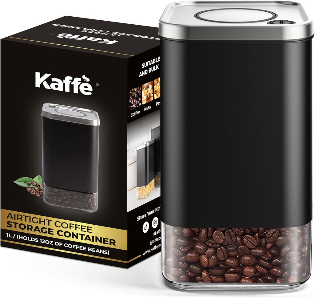 Kaffe Glass Coffee Canister (12oz) w/Airtight Lid - Click to Release Seal - BPA Free Glass & Stainless Steel - Elegant Kitchen Storage Container for Coffee, Nuts, Rice, Flour, Sugar, Tea, Cereal