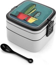 All-in-One Bento Box Stackable Leak-Proof Lunch Box With Carry Handle 2 Layer Portable Meal Prep Container Cactus in Jar Lunchbox with Utensils for Dining Out Work, Black