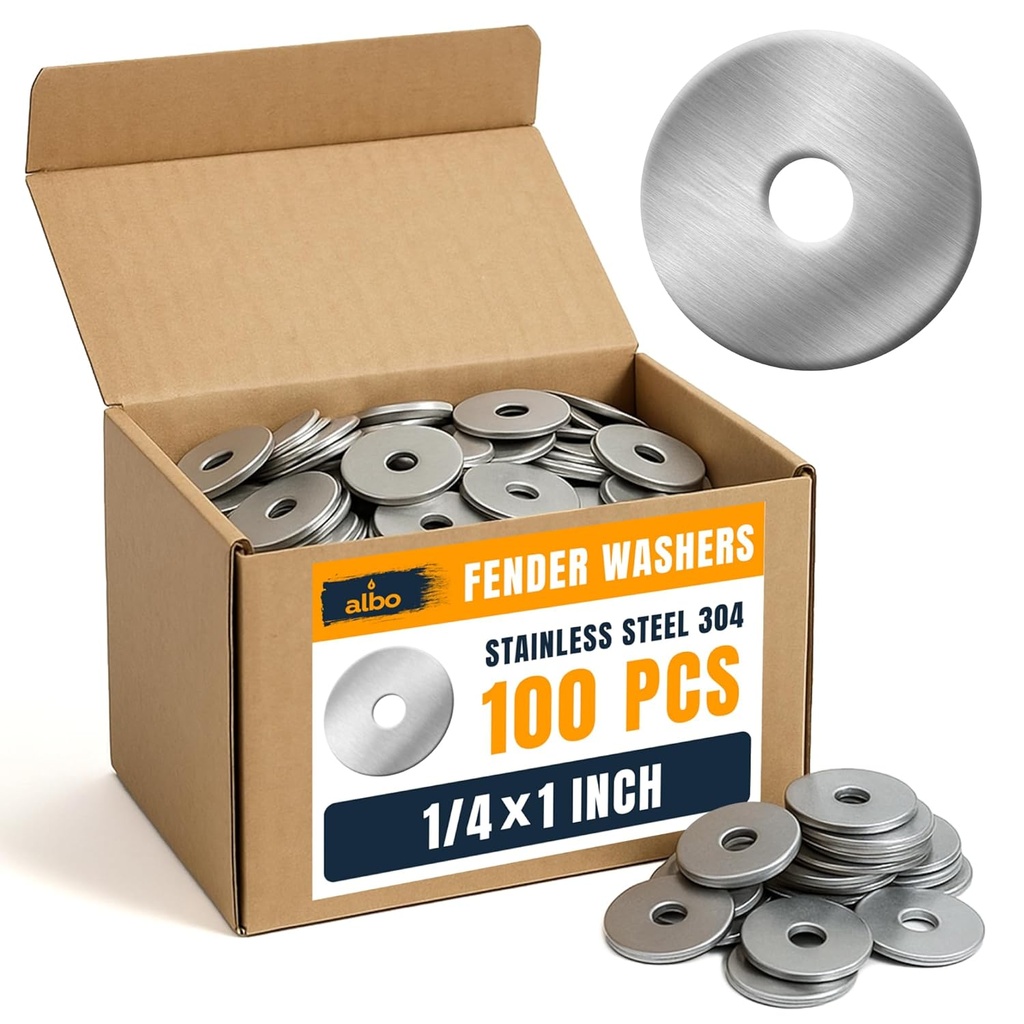 100 Pcs Stainless Steel Fender Flat Washers 1/4" x 1" for Screws and Bolts, Durable 304 Stainless Steel Hardware for Construction and Repair