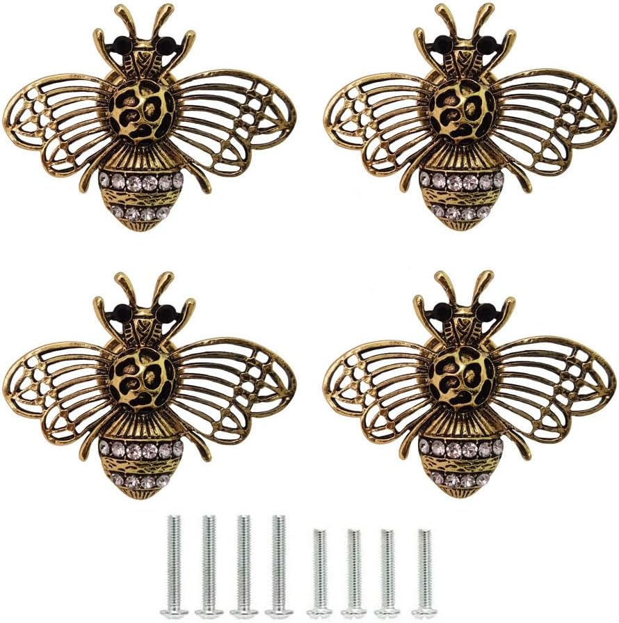 Bee Knobs, Unique Cabinet Drawer Knob, Antique Gold Bee Knobs for Dresser Cabinet Door Knob Pulls, Decorative Nature Theme Single Hole Hardware Furniture Knob Handles 4PCS (Antique Gold)