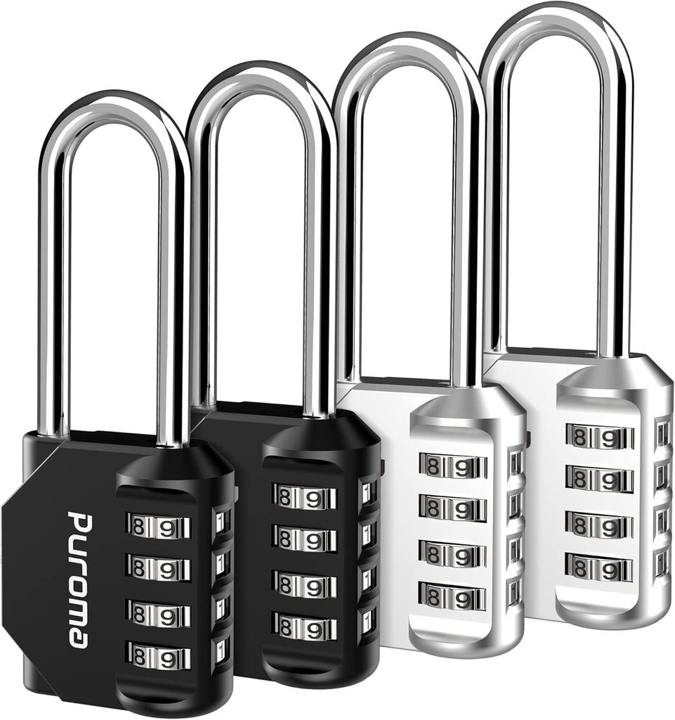 Puroma 4 Pack 2.6 Inch Long Shackle Combination Lock 4 Digit Outdoor Waterproof Padlock for Hasp Locker Lock, Sports Locker, Fence, Gate, Toolbox, Case, Hasp Storage, Cabinets (Silver & Black)
