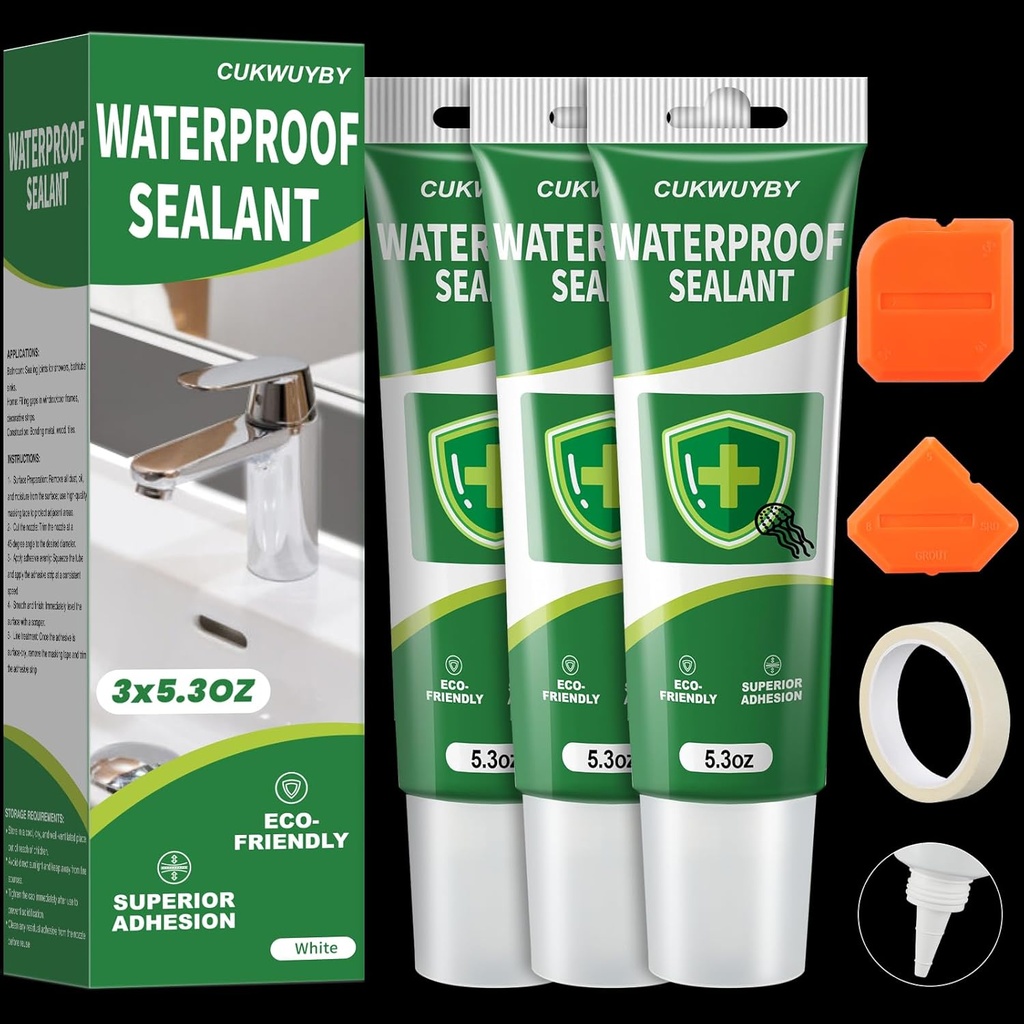 15.9 Oz Silicone Caulk (3 Pack 5.3 Oz) Squeeze Tube Waterproof Silicone Sealant for Kitchen Bathroom Stronger Adhesion White Caulk for Window Toilet Sink Caulking Sealant with Tape and Scraper