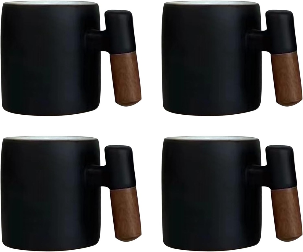 2-Oz Ceramic Espresso Cups with Wood Handle, 2/4-Piece Set for Coffee, Tea, Latte - Dishwasher Safe, Multi-Color & Wood Styles, Gift & Café Use (black, Wooden Handle4)
