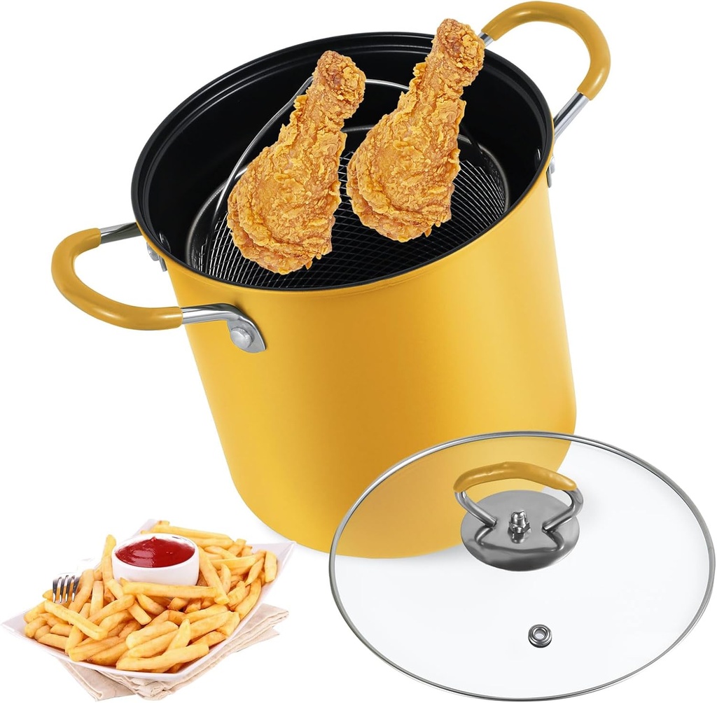 Deep Fryer Pot with Strainer Basket Stainless Steel Deep Fryer Pan Heat Resistant Deep Frying Pot Mini Oil Fryer Pot Deep Frying Oil Container for Frying Fish Shrimp 3L (Yellow), Regular