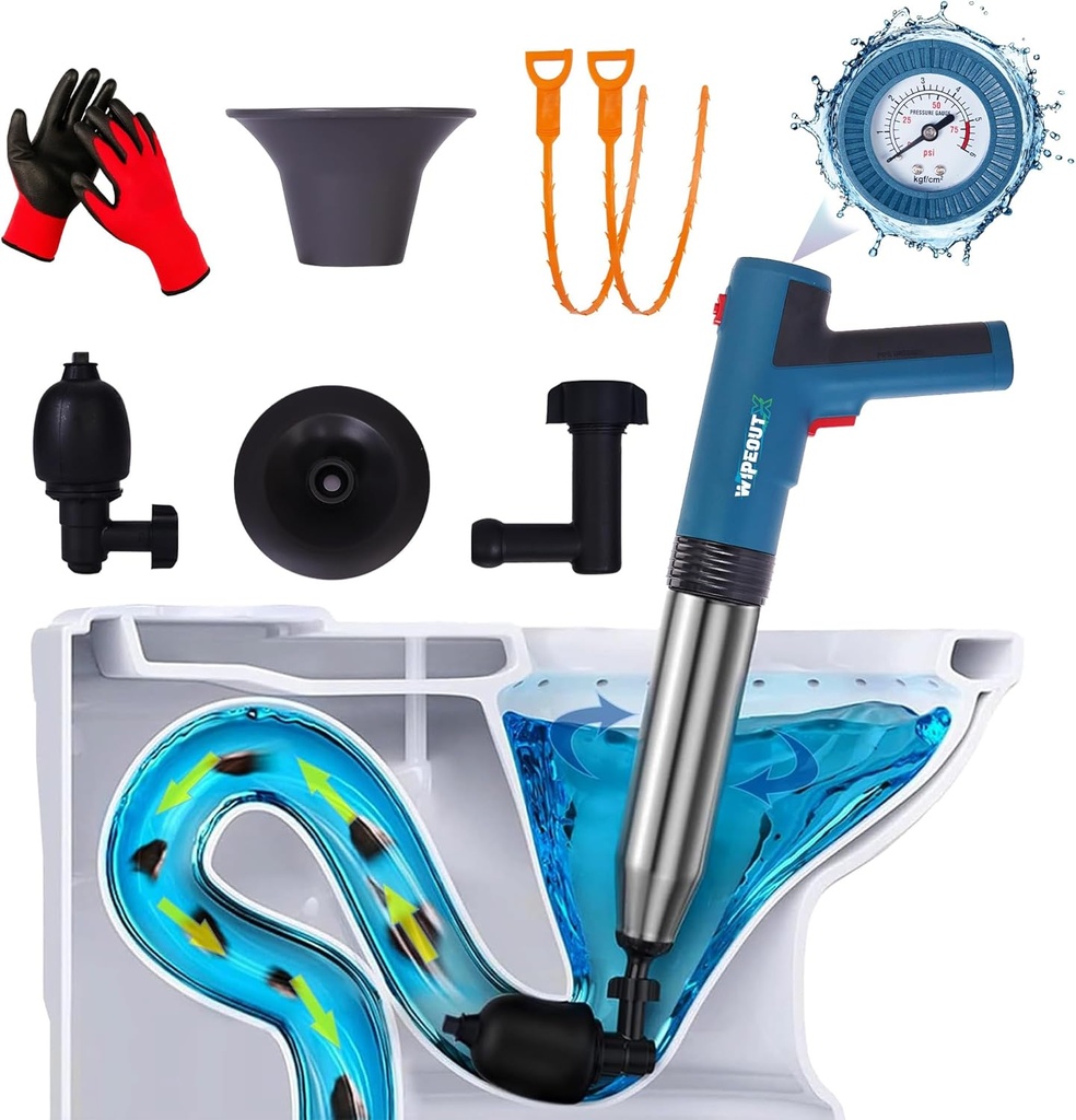 High-Pressure Electric Air Toilet Plunger, Stinless Steel Plungers for Bathroom with Real-Time Barometer,2 Drain Clog Remover for Toilet,Sink,Shower Drains with 4 Heads & Reusable Gloves