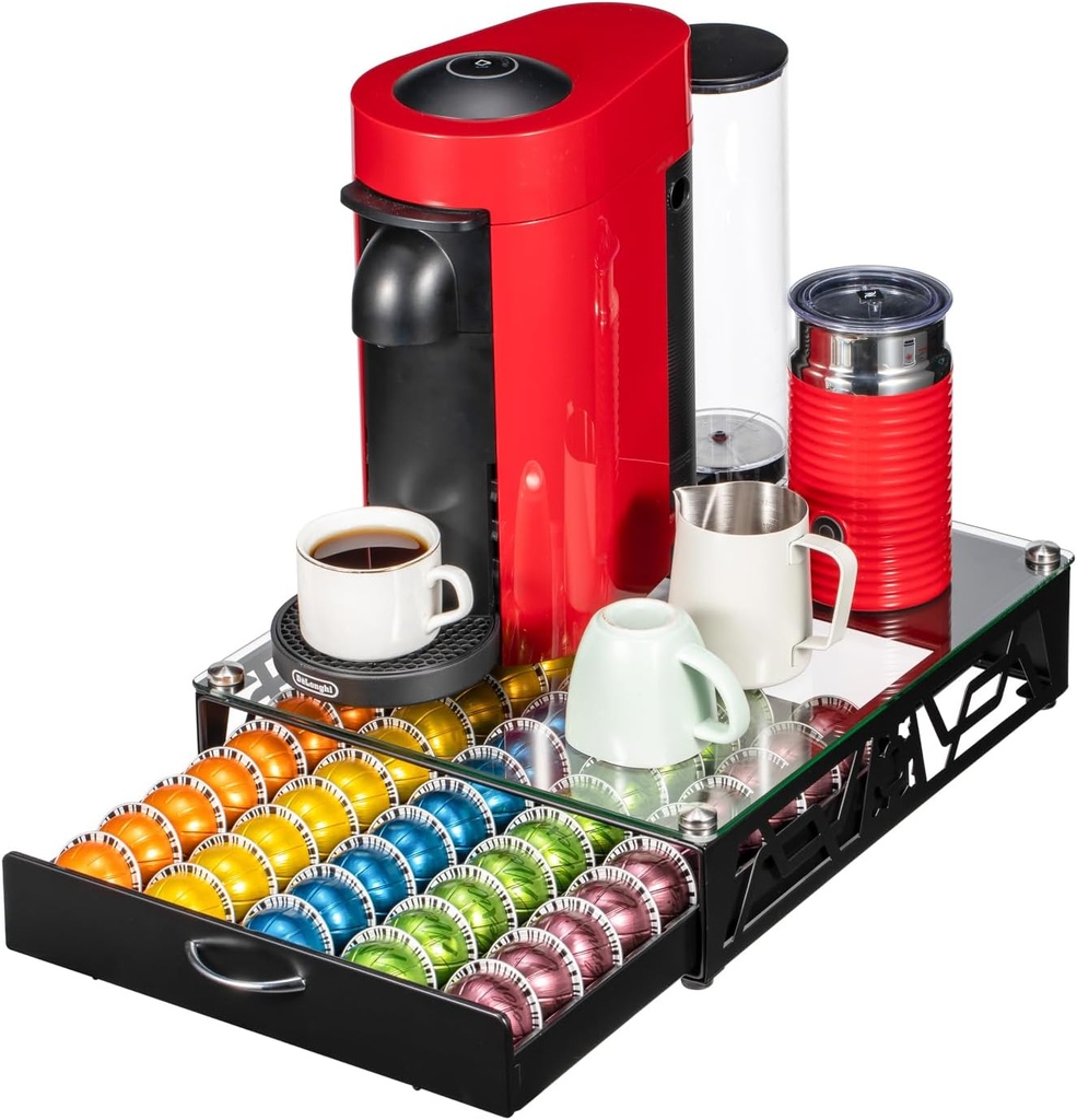 FlagShip Vertuo Pod Storage - Modern Glass Top Coffee Capsule Organizer & Space-Saving Pod Holder for Coffee Machines, Spacious 50 Vertuo Pods Capacity