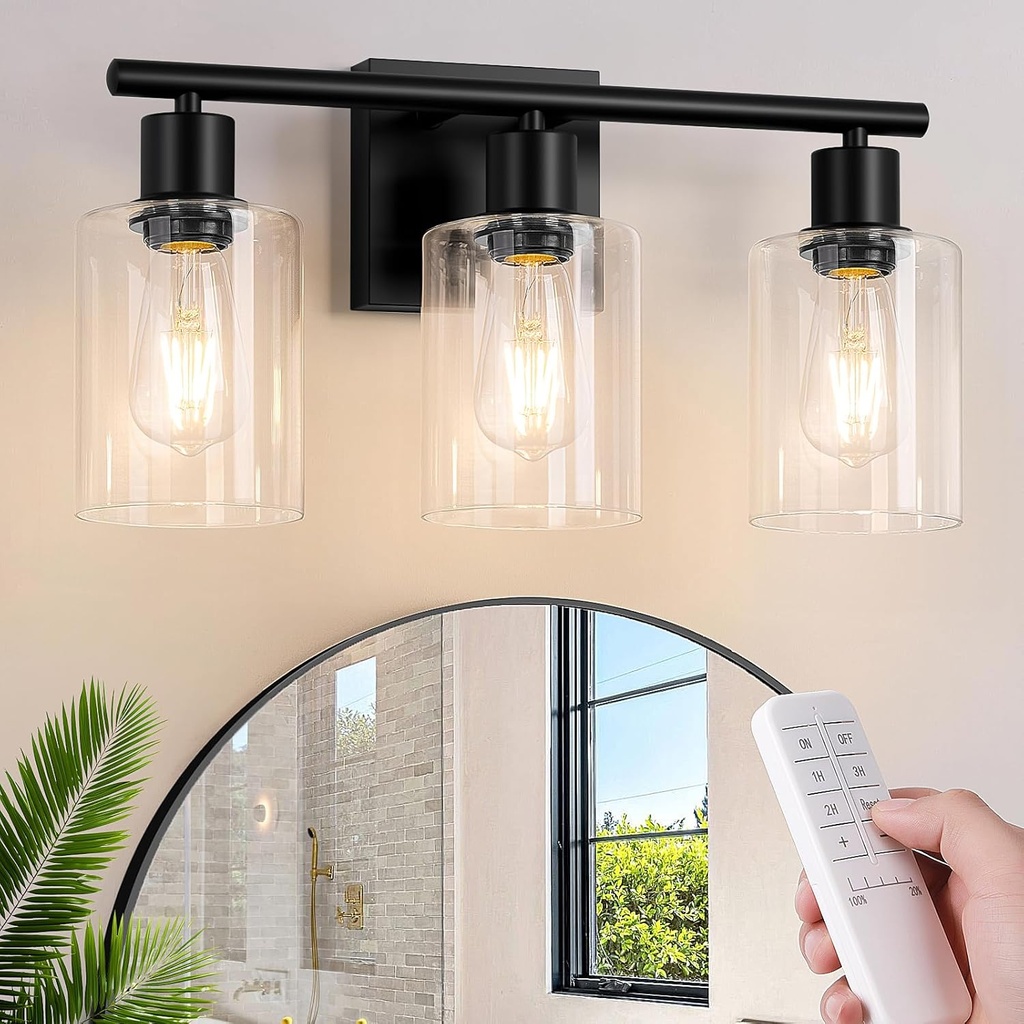 Battery Operated Wall Sconce, 3-Light Black Wireless Rechargeable Vanity Light Fixture with Remote & Bulbs, Dimmable Modern Indoor Non-Hardwired Wall Mounted Lamp for Bedroom, Living Room, Bathroom