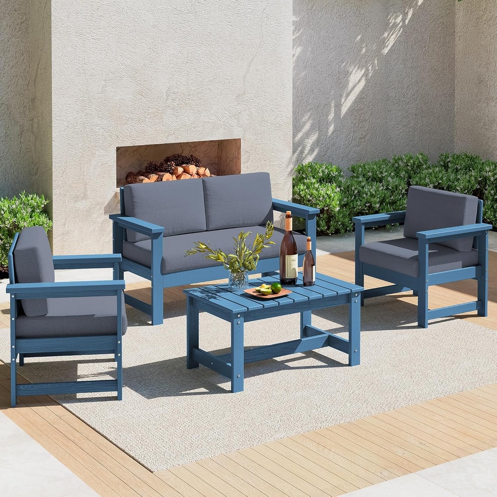 SERWALL 4 Pieces HDPE Outdoor Sofa Set with Cushion, All Weather Use Conversation Couch Set, Outdoor Loveseat Social Furniture with Coffee Table and Cushions, Blue Frame with Grey Cushions