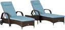 Outsunny Wicker Outdoor Chaise Lounge Chair Set of 3 with Side Table, 5-Level Adjustable Backrest PE Rattan Pool Lounge Chair with Wheels, Cushion & Headrest, Brown and Gray