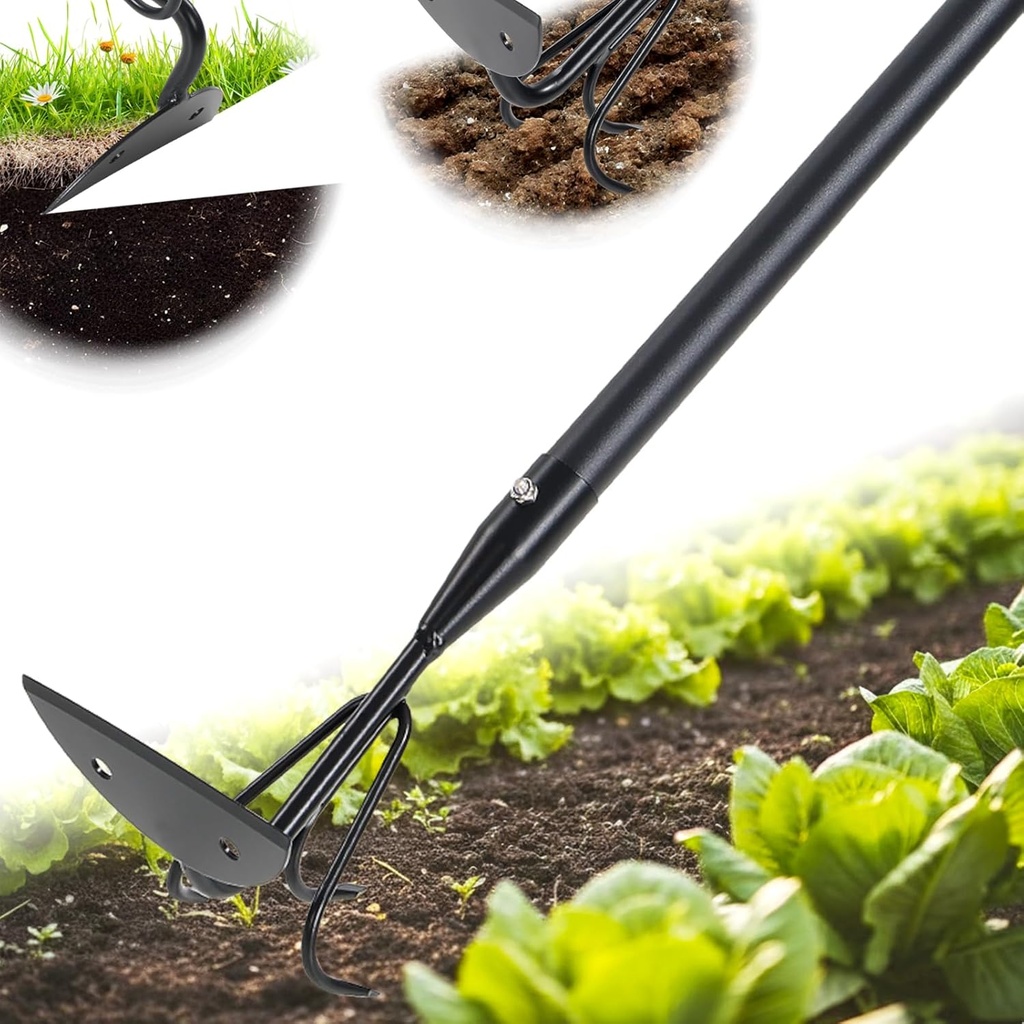 2 in 1 Hoe Garden Tool for Weeding& Cultivator - 52 inch Heavy Duty Garden Hoe with Upgraded Claw 3-Tine Tiller Rake,Long Handle Weed Grass Removal Tools for Gardening,Soil Loosening,Planting,Digging