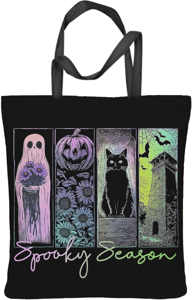 Chicimln Coquette Bow Halloween Ghost Tote Bag for Women, Spooky Halloween Flower Reusable Grocery Shopping Bags