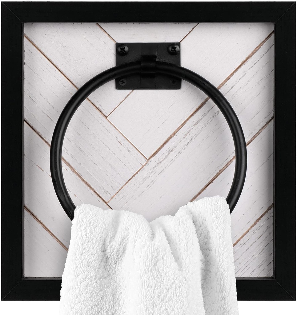 Autumn Alley Farmhouse Decor Hand Towel Ring for Bathroom - Rustic Hand Towel Holder - Rustic Towel Rack Ring Holder, Wall Mounted, Bathroom Decor Towels with Unique Shiplap, Black Ring, Wood, White