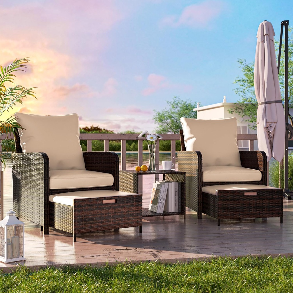 5 Pieces Patio Conversation Set All-Weather PE Rattan Outdoor Balcony Furniture Set, Patio Chair with Ottoman & Coffee Table for Garden, Poolside, Backyard, Porch, Khaki