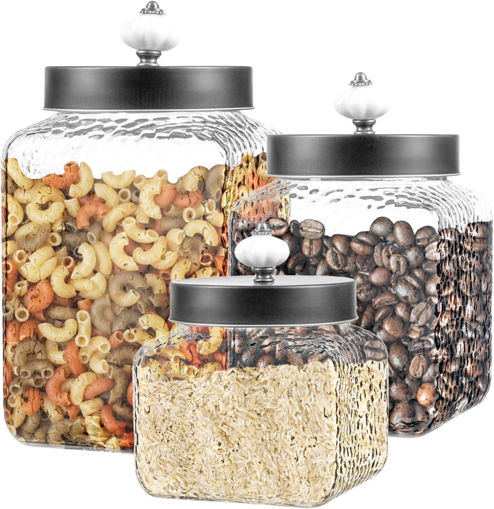 Style Setter Square Canister Set 3-Piece Glass Jars in 43, 64 and 75 ounces Chic Retro Design with Airtight Stainless Steel Lids for Cookies, Candy, Hammered