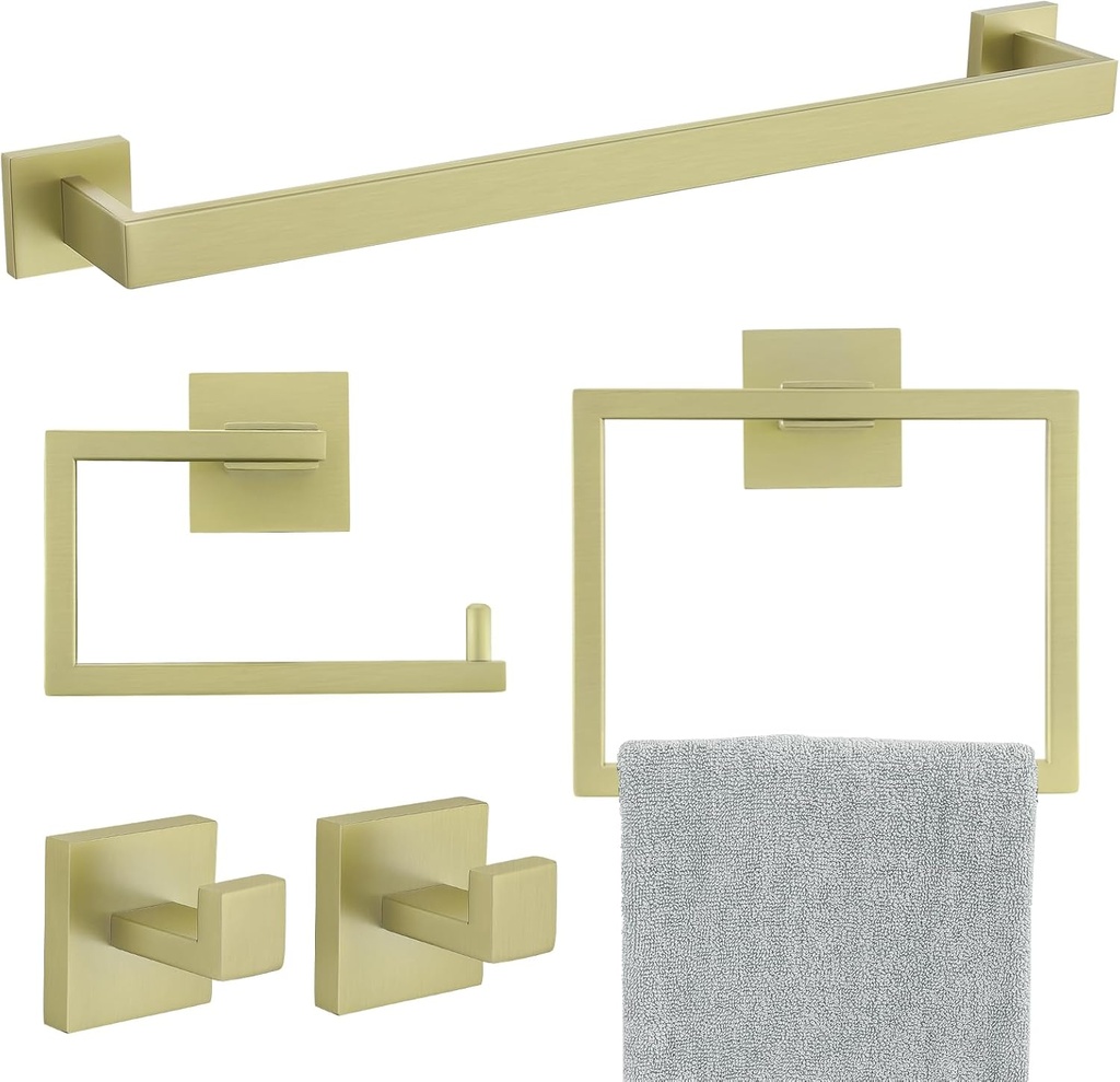 YACVCL 5 Piece Brushed Light Gold Towel Bar Set Bathroom Hardware Set, Square Towel Holder Set SUS304 Stainless Steel Towel Rack Set,Wall-Mounted 23.6 in