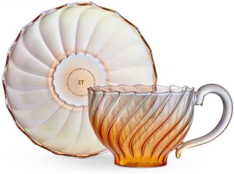 Glass Tea Cup and Saucer, Glass Coffee Mug and plate, Dishwasher & Microwave Safe Teacups for Espresso Cappuccino Latte Tea Juice Pink