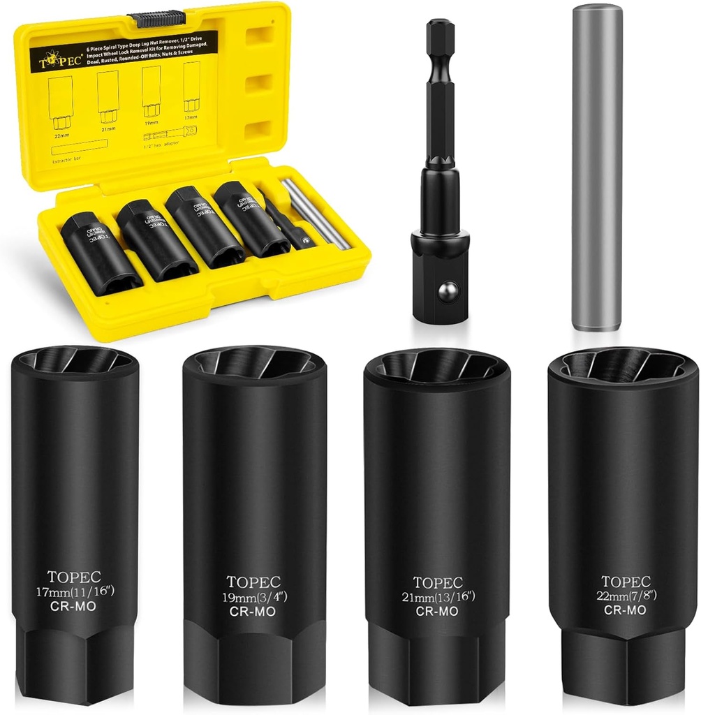 Topec 6PCS Deep Lug Nut Removal Tool, 1/2" Drive Lug Nut Extractor Set, 17-22mm Wheel Lock Removal Kit, Spark Plug Extractor Socket Set for Stripped, Rounded, Damaged Bolts & Studs