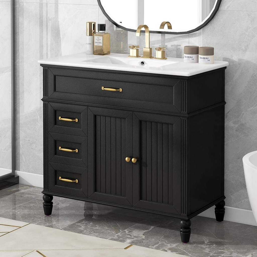 Christopher Knight Home Sansa 36" Bathroom Vanity with Ceramic Sink, Storage Cabinet, 2 Doors with Hinges, 2 Drawers, Acacia Wood Legs & MDF Wood Frame, Space-Saving Furniture, Open Back, Black