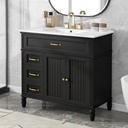 Christopher Knight Home Sansa 36" Bathroom Vanity with Ceramic Sink, Storage Cabinet, 2 Doors with Hinges, 2 Drawers, Acacia Wood Legs & MDF Wood Frame, Space-Saving Furniture, Open Back, Black