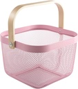 Mesh Steel Storage Organizer Basket, Multi-Functional Metal Wire Hanging Kitchen Baskets Fruit Basket with Bamboo Handle Ideal for Kitchen, Bathroom, Pantry, Cabinet Home, Shopping, Pink