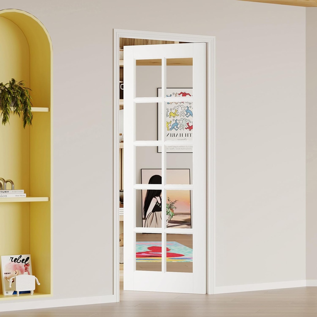 Pantry Door, 32 in. x 80 in.,10-Lite Mirrored Interior Doors, French Door Panel for Wardrobe, Bedroom, Kitchen, Single Pantry Slab - Assembly Required, MDF, White Primed (No Hinges)