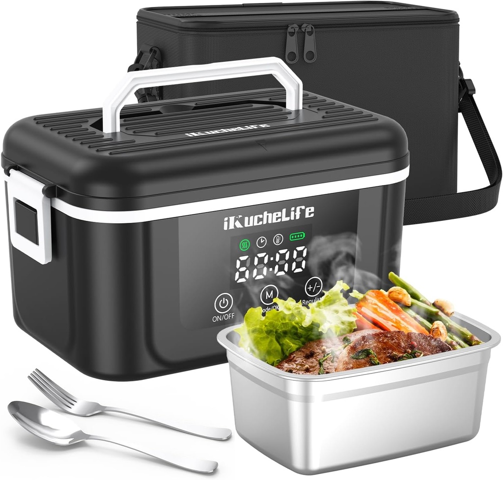 Heated Lunch Box, 1.5L&18000mAh Cordless Electric Lunch Box with Scheduled Heating, Rechargeable Portable Food Warmer with Digital Display for Work, Travel, Office, Camping（Black）