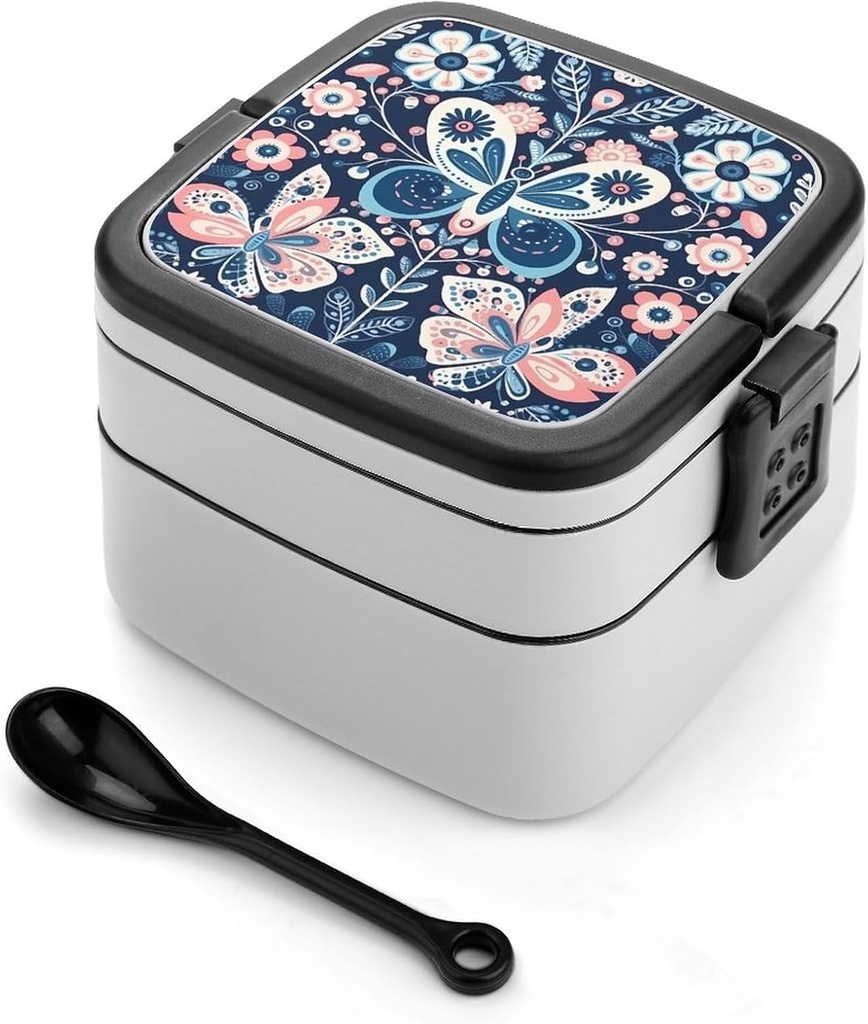 Blue Pattern Bento Box Adult Lunch Box All-in-One Lunch Containers with Removable Compartments Double Layer Bento Lunch Box with Spoon And Handle Stackable Lunchbox