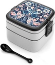 Blue Pattern Bento Box Adult Lunch Box All-in-One Lunch Containers with Removable Compartments Double Layer Bento Lunch Box with Spoon And Handle Stackable Lunchbox