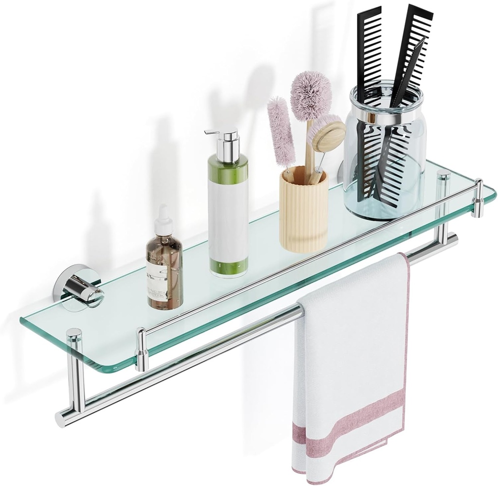 20-Inch Floating Tempered Glass Bathroom Shelf with Towel Bar - Chrome Polished & Stainless Steel, Wall Mount